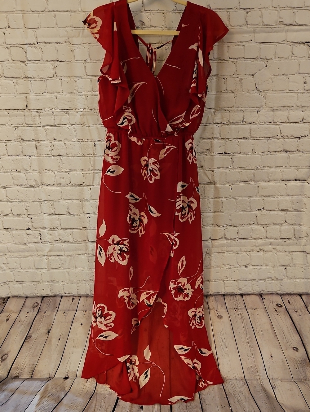 Maurices Red Floral Wrap High-Low Dress
